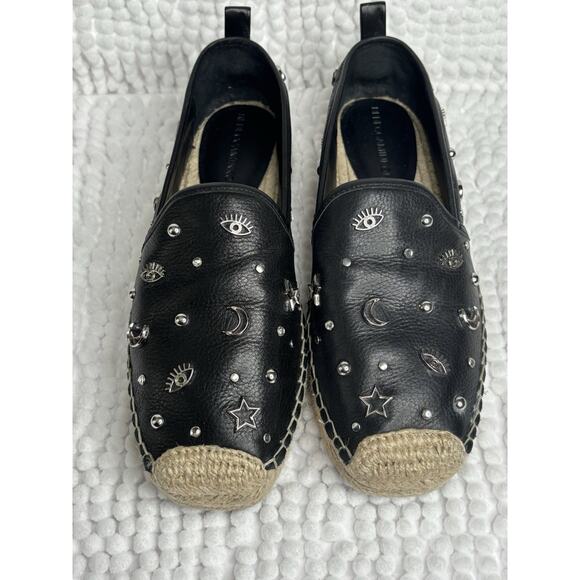 REBECCA MINKOFF Espadrille Shoes Sz 6.5M Black Silver Moons Stars Studs Flats - Picture 2 of 9